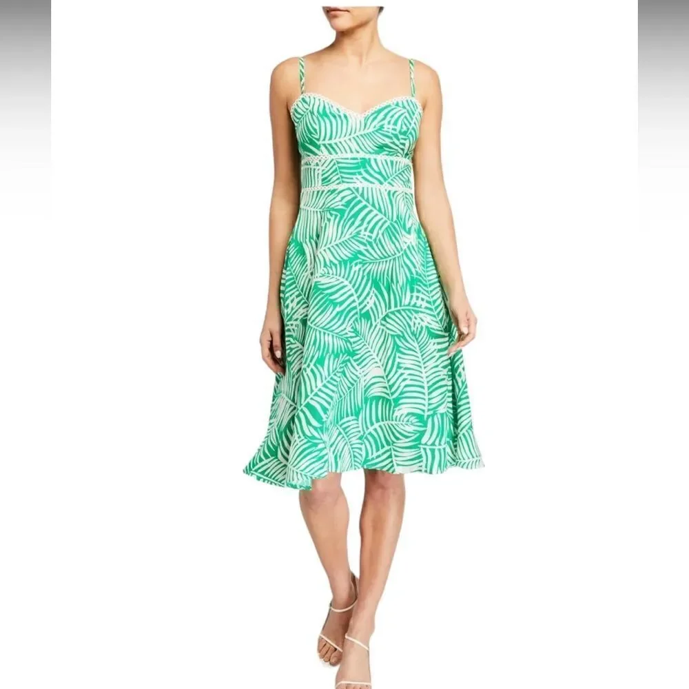 ELIZA J Tropical Linen Dress, Fit and Flare,  Midi length, green, size 12 - Picture 2 of 16